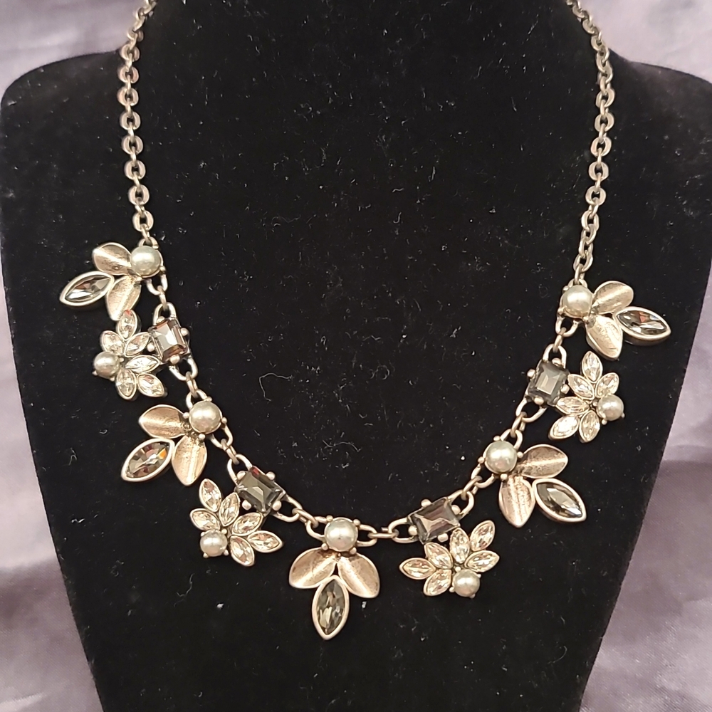 Vintage Silver Necklace with Rhinestones and Pearls, 16.5"